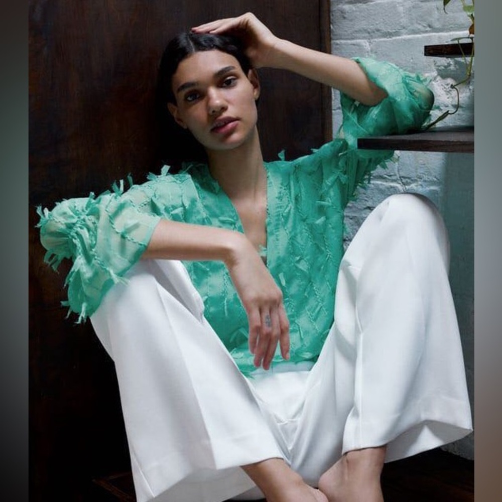 Zara green fringe feather top